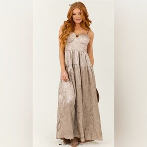 Champagne Textured Metallic Corset Sleeveless Maxi Dress